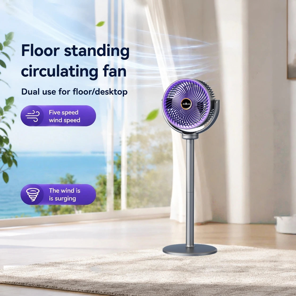 Ventilateur sur pied 3-en-1 USB-C — 5 vitesses, silencieux et portable