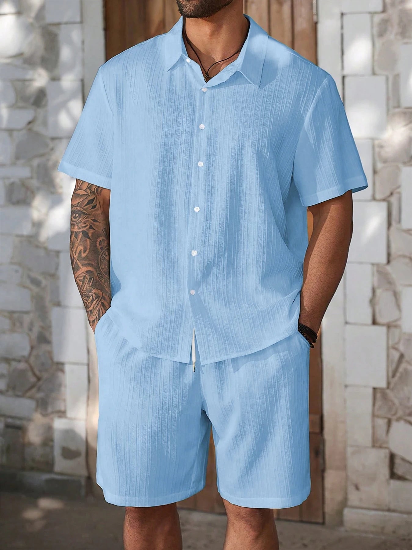 Ensemble Chemise + Short Homme – Texture Verticale Blanc | Style Île