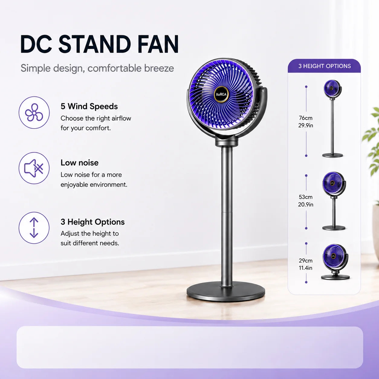 Ventilateur sur pied 3-en-1 USB-C — 5 vitesses, silencieux et portable