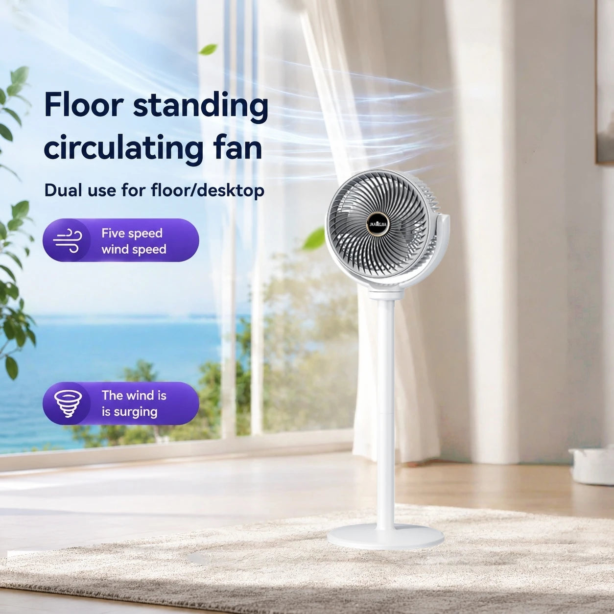 Ventilateur sur pied 3-en-1 USB-C — 5 vitesses, silencieux et portable