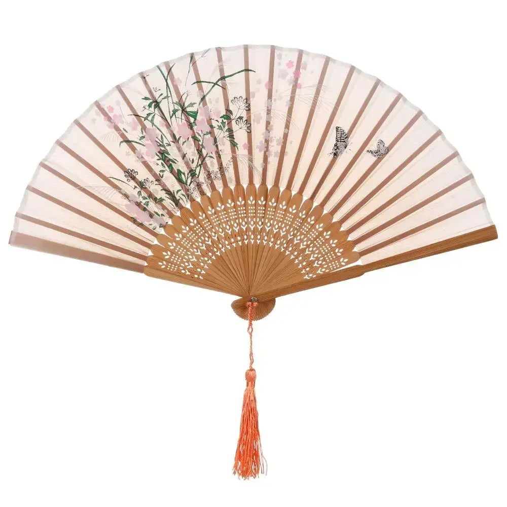 Éventail bambou motif floral rétro