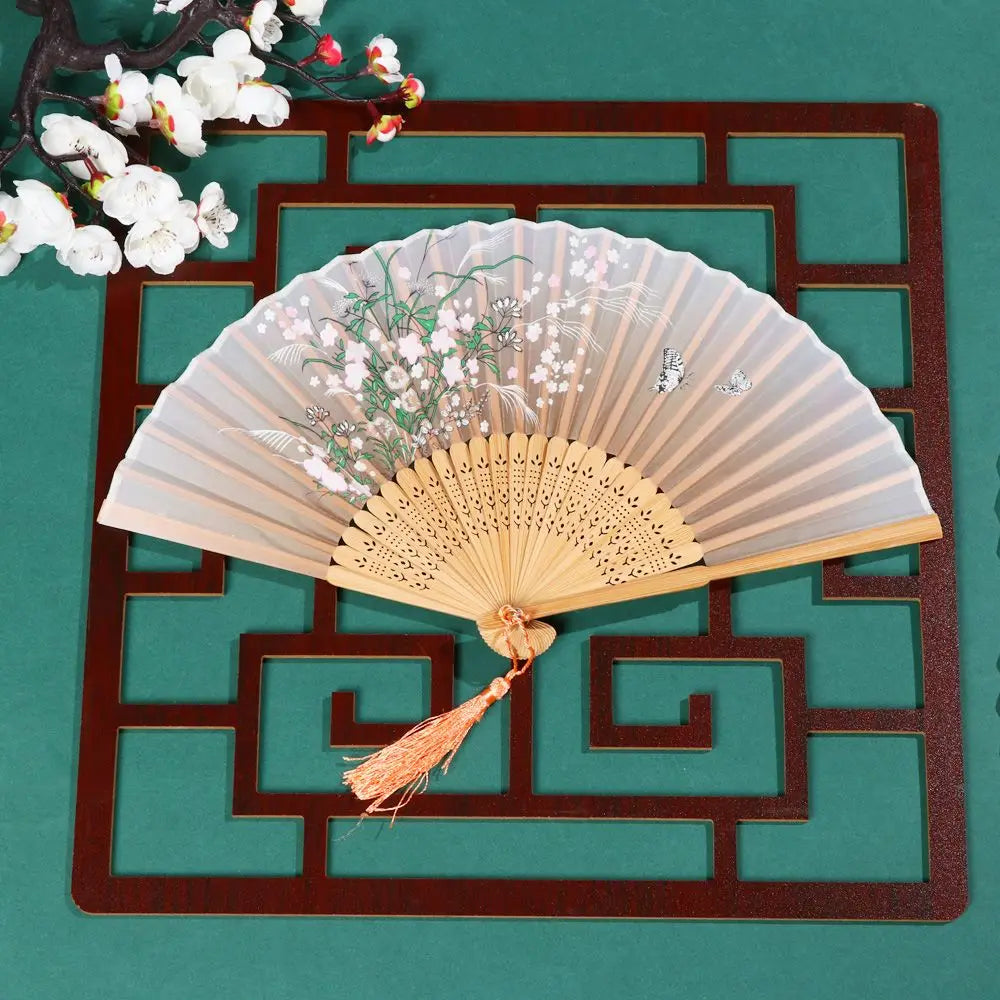 Éventail bambou motif floral rétro