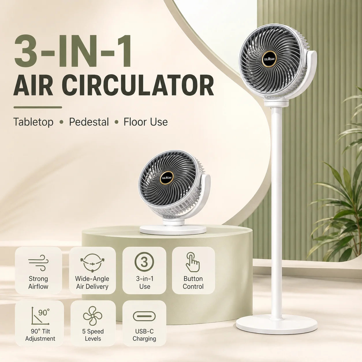 Ventilateur sur pied 3-en-1 USB-C — 5 vitesses, silencieux et portable