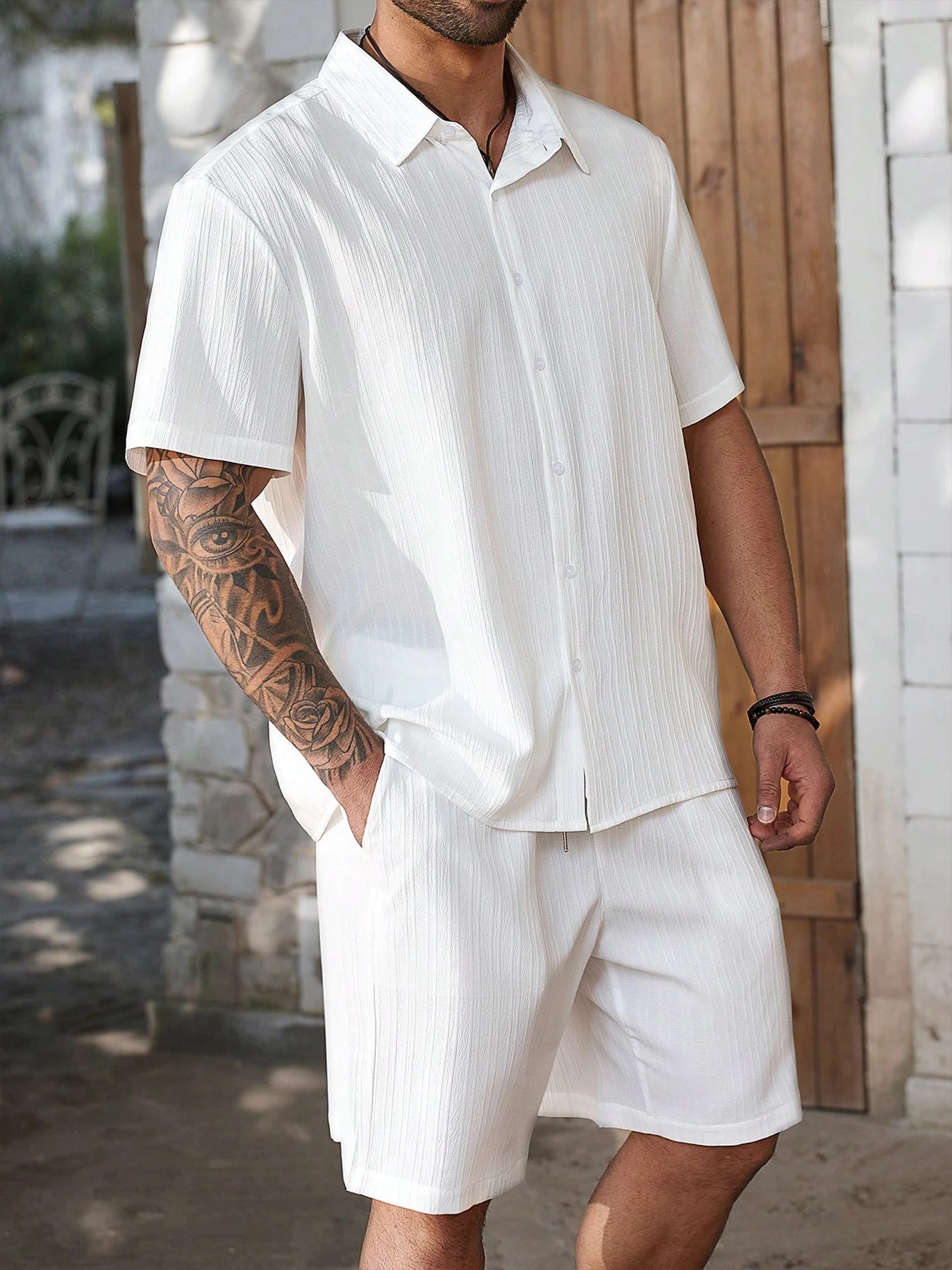 Ensemble Chemise + Short Homme – Texture Verticale Blanc | Style Île