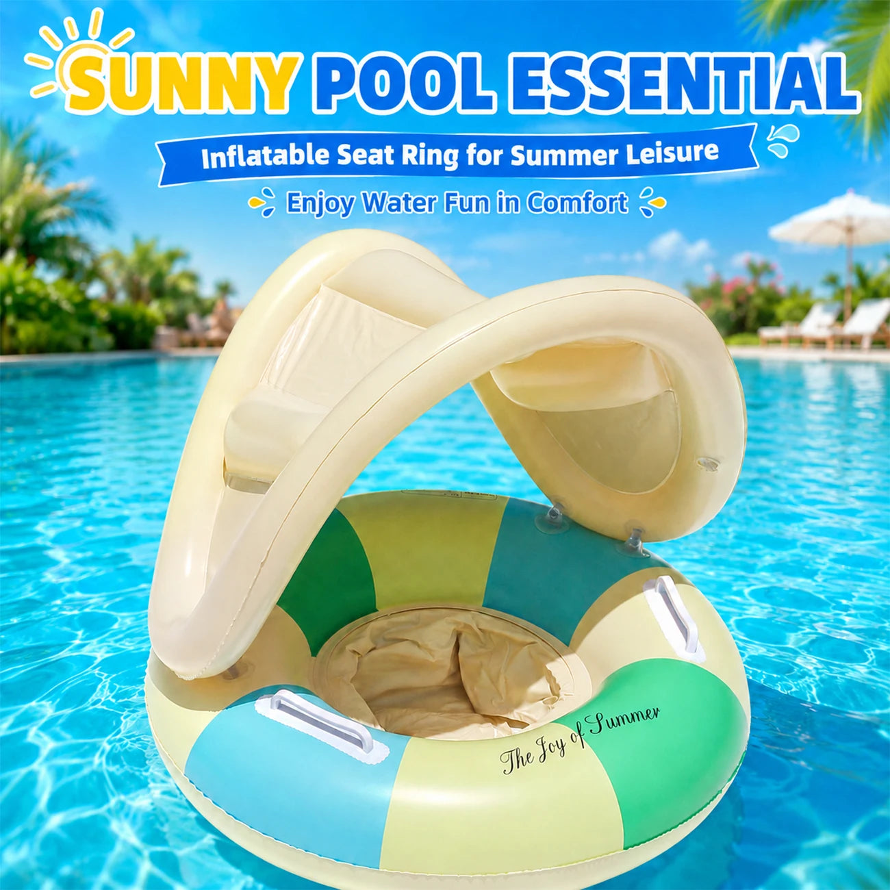 Bouée Gonflable Rayée avec Auvent Pare-Soleil – Piscine & Plage