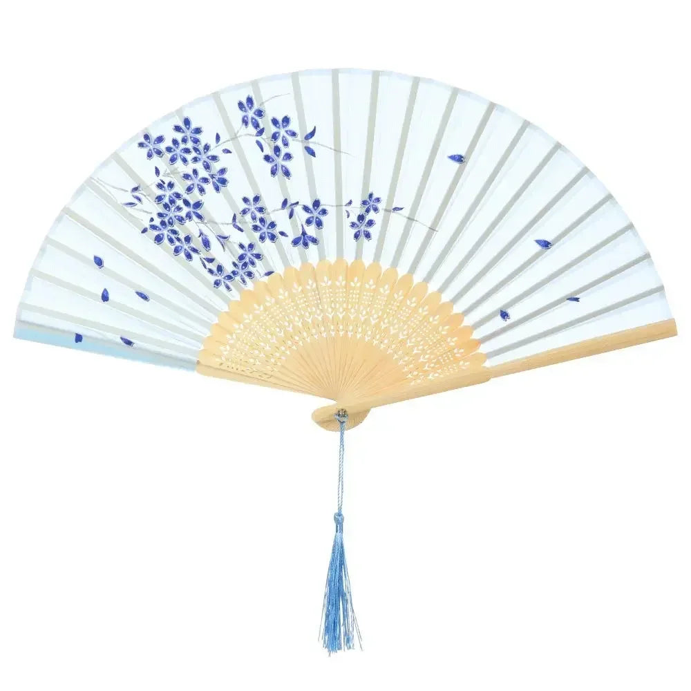 Éventail bambou motif floral rétro