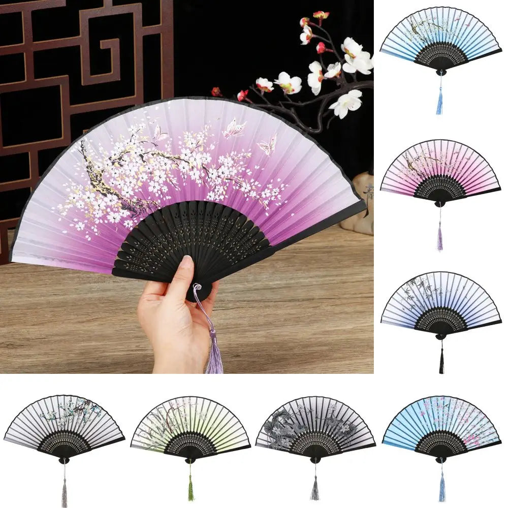 Éventail bambou motif floral rétro