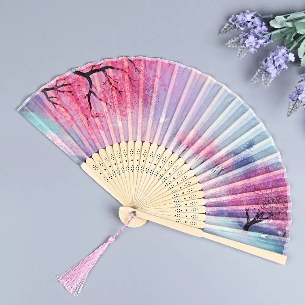 Éventail bambou motif floral rétro