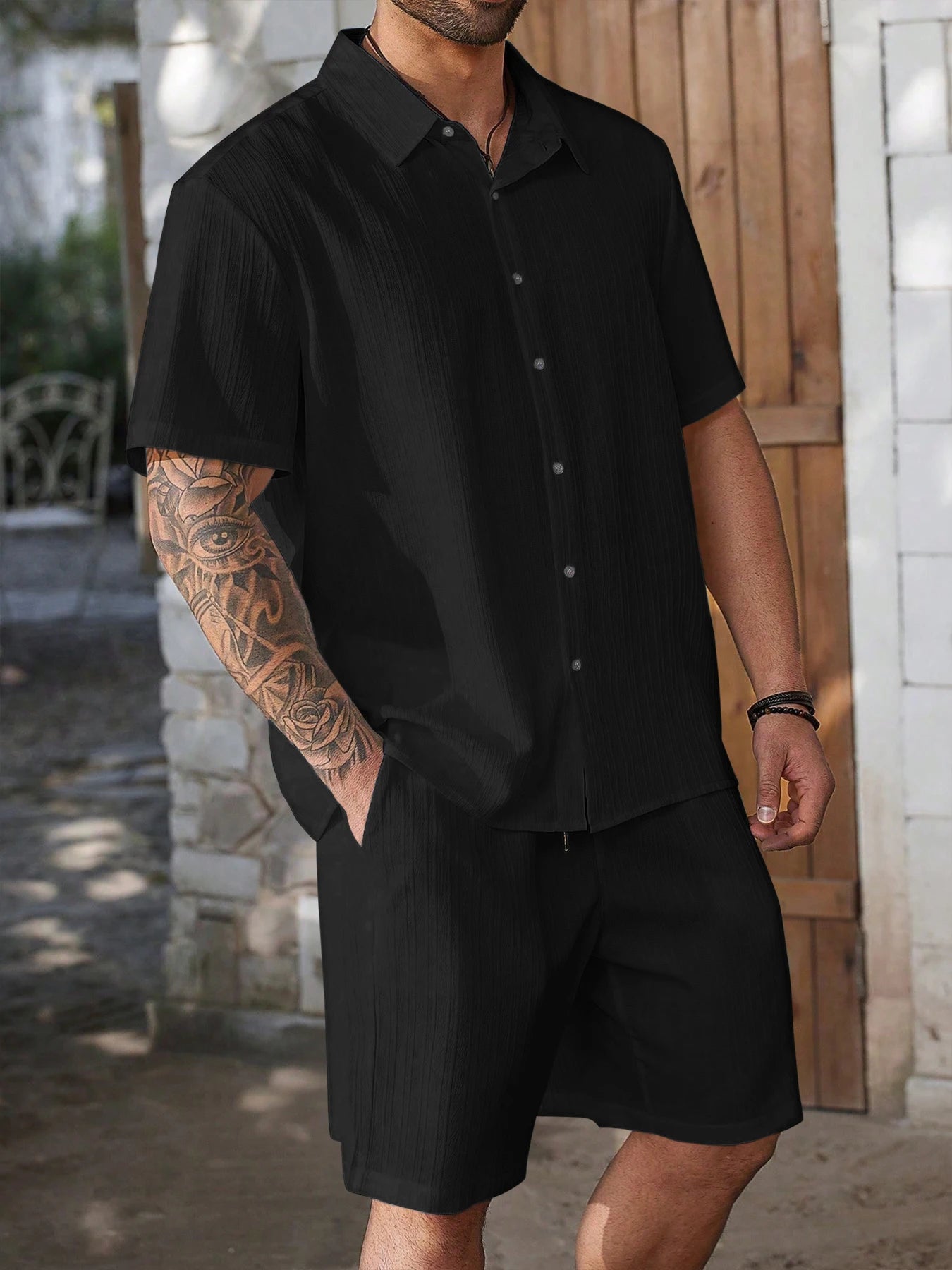 Ensemble Chemise + Short Homme – Texture Verticale Blanc | Style Île