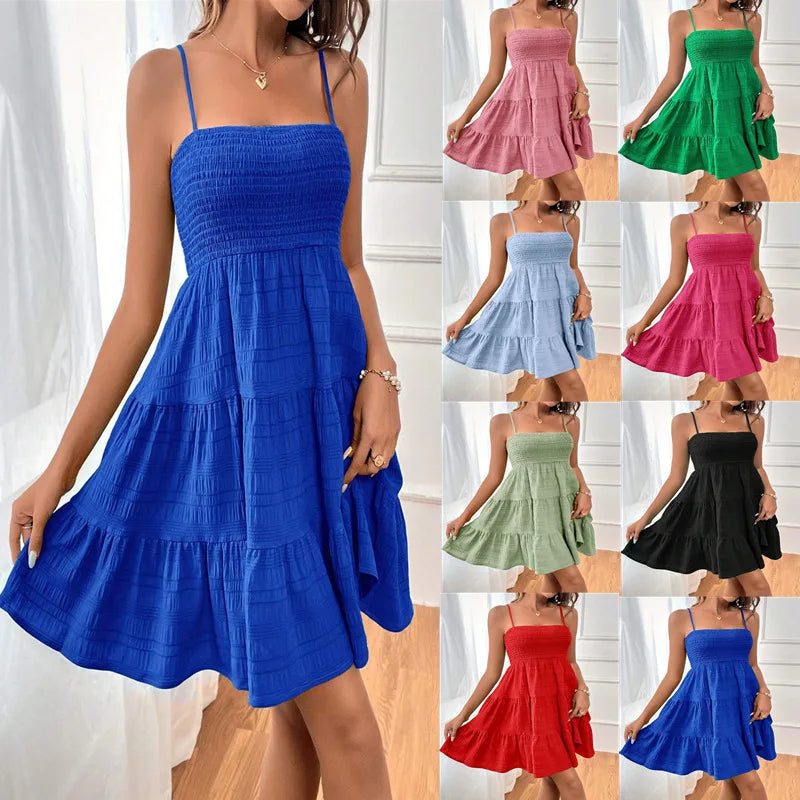 Robe Mini Smockée à Bretelles – Style Vacances & Plage