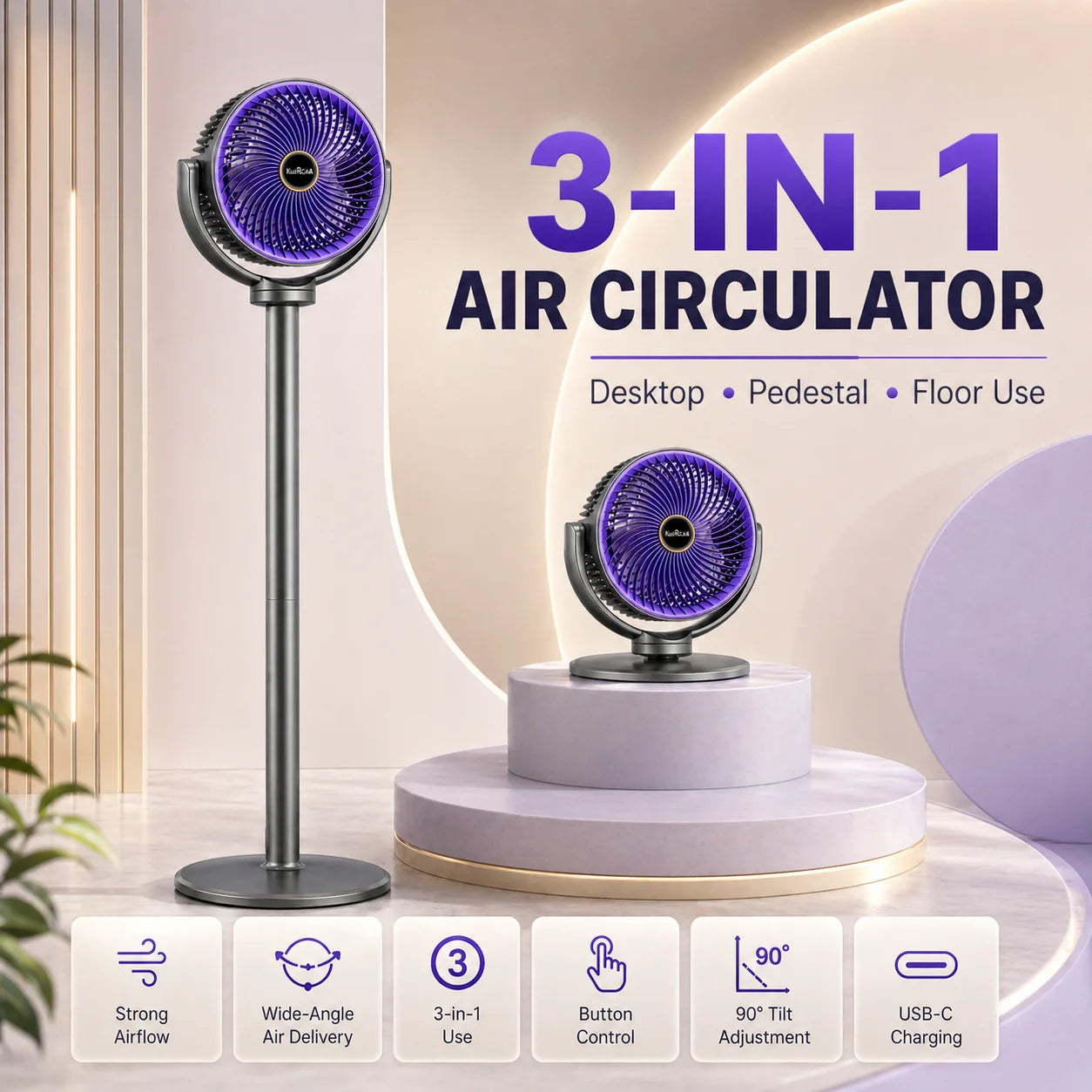 Ventilateur sur pied 3-en-1 USB-C — 5 vitesses, silencieux et portable
