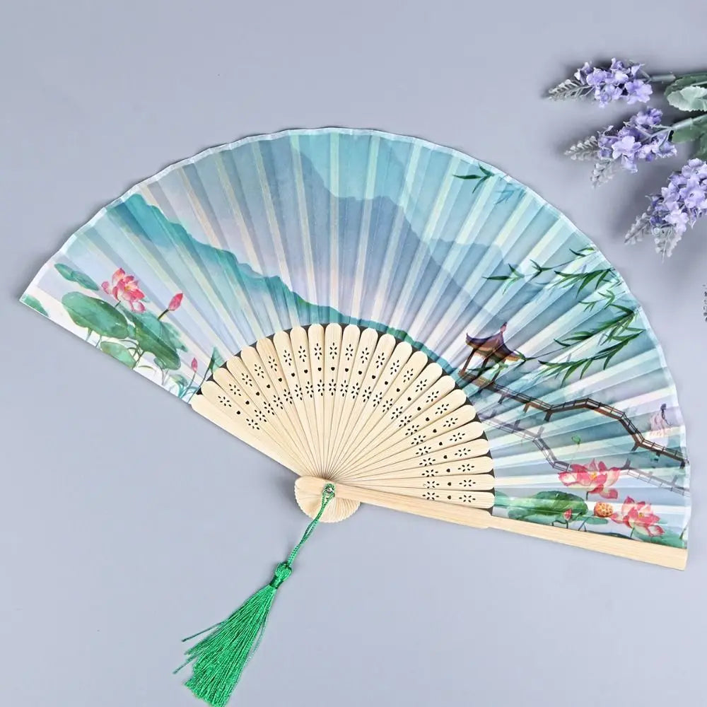 Éventail bambou motif floral rétro
