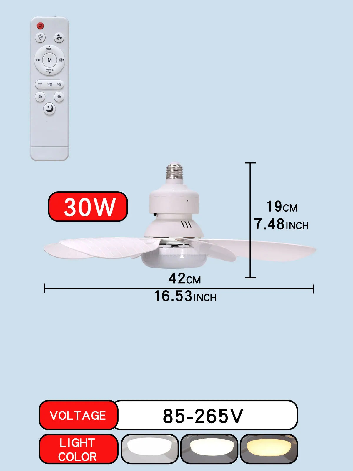 Ventilateur de plafond LED E27 avec télécommande et variateur — 30W/40W